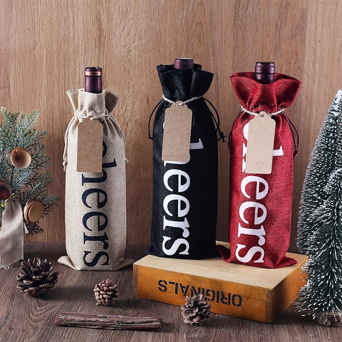 SIRIPHUM Burlap Wine Bags and Gift Tags, Wine Bottle Gift Bags with Drawstrings,Wine Bags Gift for Travel, Wedding, Holiday Party,Birthdays,Housewarming and Dinner Party (Red-12PCS)