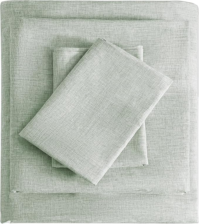 Twin Sheets Sage Green, Ultral Soft Cationic Linen Look Sheets, Luxury Cooling Cozy Bed Sheet Set with Non-Slip Fitted Sheet