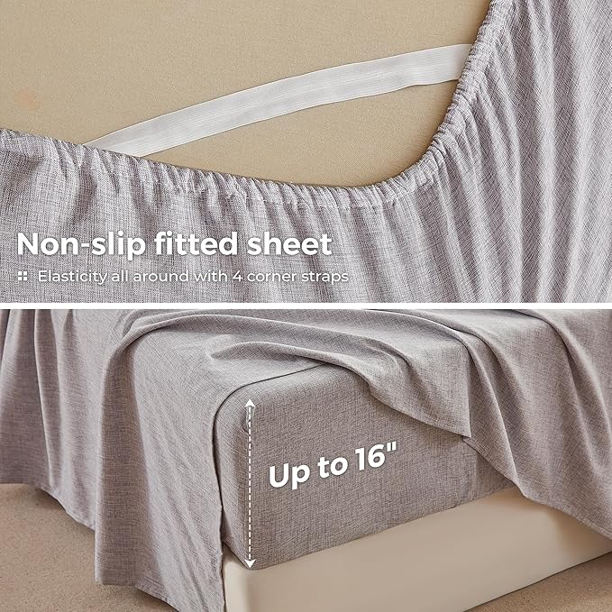 Twin Sheets Dark Grey, Ultral Soft Cationic Linen Look Sheets, Luxury Cooling Cozy Bed Sheet Set with Non-Slip Fitted Sheet