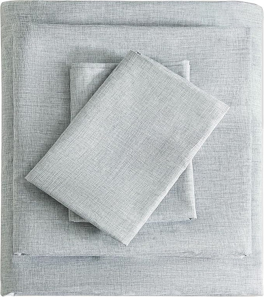 Twin Sheets Blue, Ultral Soft Cationic Linen Look Sheets, Luxury Cooling Cozy Bed Sheet Set with Non-Slip Fitted Sheet