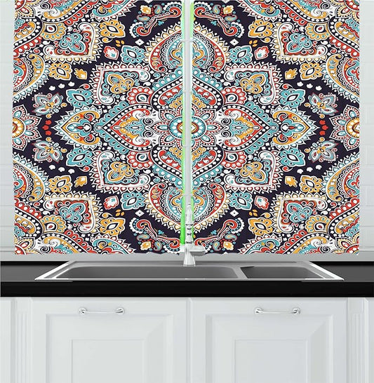 Ambesonne Ethnic Kitchen Curtains, Bohemian Style Motif Vintage Oriental Inspired Traditional Art, Window Drapes 2 Panel Set for Kitchen Cafe Decor, 55" x 24", Navy Teal