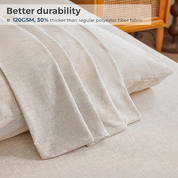 Queen Sheets Brown, Ultral Soft Cationic Linen Look Sheets, Luxury Cooling Cozy Bed Sheet Set with Non-Slip Fitted Sheet