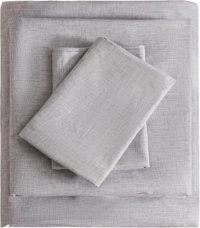 Twin Sheets Dark Grey, Ultral Soft Cationic Linen Look Sheets, Luxury Cooling Cozy Bed Sheet Set with Non-Slip Fitted Sheet