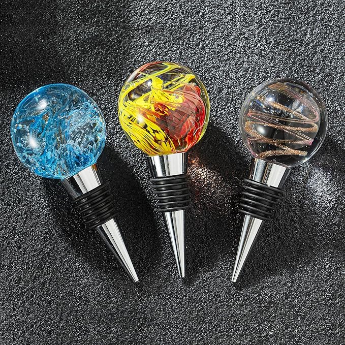 Wine and Beverage Bottle Stoppers with Blue Galaxy Glass Grip Top, Reusable Wine Saver for Gifts, Bar, Holiday Party, Wedding