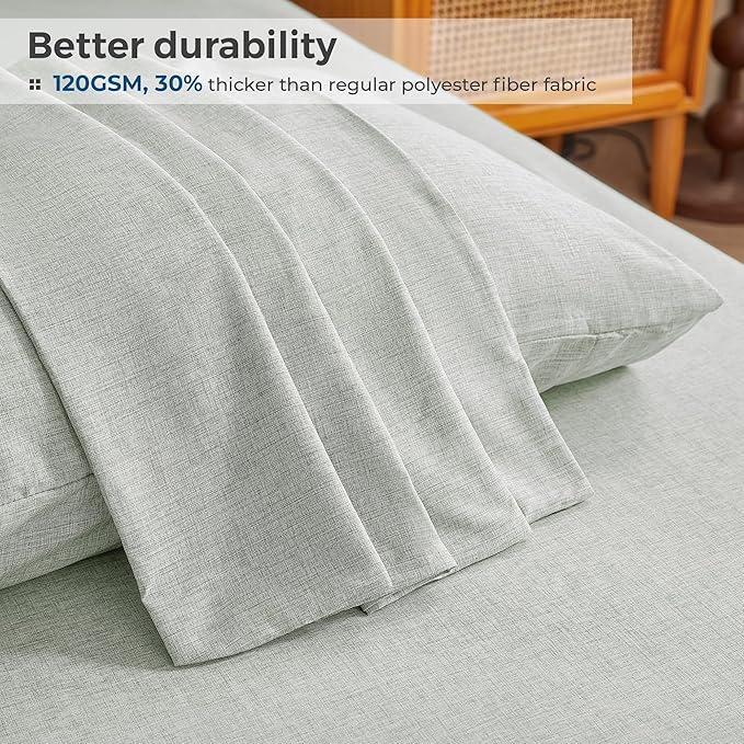 Full Sheets Sage Green, Ultral Soft Cationic Linen Look Sheets, Luxury Cooling Cozy Bed Sheet Set with Non-Slip Fitted Sheet