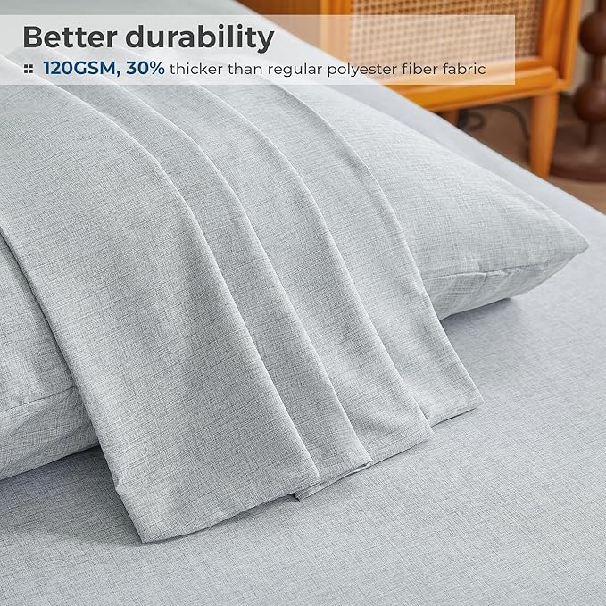 Twin Sheets Blue, Ultral Soft Cationic Linen Look Sheets, Luxury Cooling Cozy Bed Sheet Set with Non-Slip Fitted Sheet