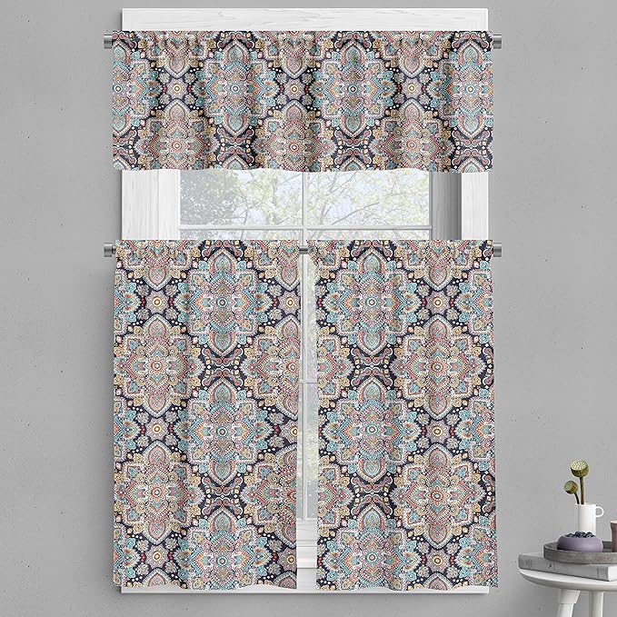 Ambesonne Ethnic Valance & Tier Curtain 3 pcs Set, Bohemian Style Motif Vintage Oriental Inspired Traditional Art, Window Treatments for Kitchen Room Decor, 55" x 24", Navy Teal