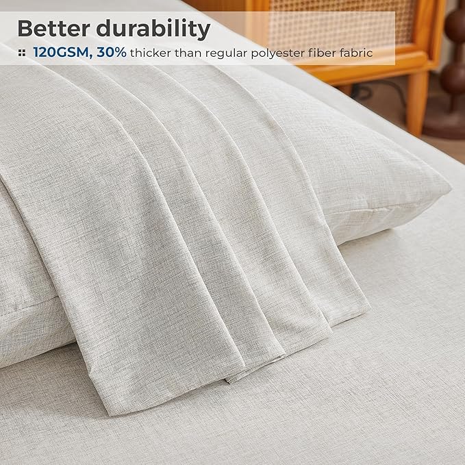 Twin Sheets Khaki, Ultral Soft Cationic Linen Look Sheets, Luxury Cooling Cozy Bed Sheet Set with Non-Slip Fitted Sheet