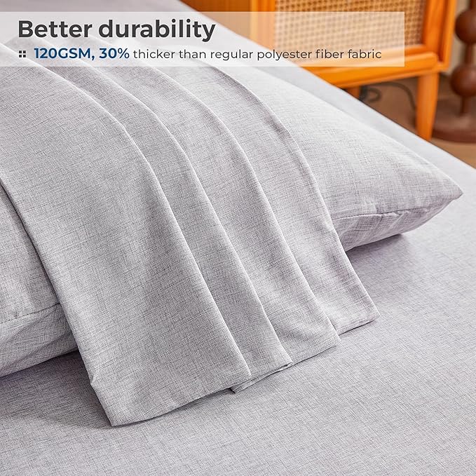 Queen Sheets Dark Grey, Ultral Soft Cationic Linen Look Sheets, Luxury Cooling Cozy Bed Sheet Set with Non-Slip Fitted Sheet