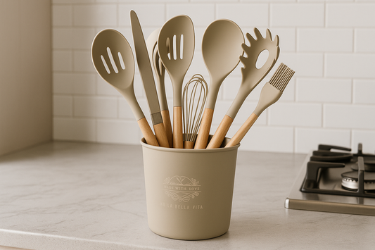 Upgrade Your Kitchen with the Stylish Khaki Silicone Utensil Set – Safe, Durable, and Heat-Resistant