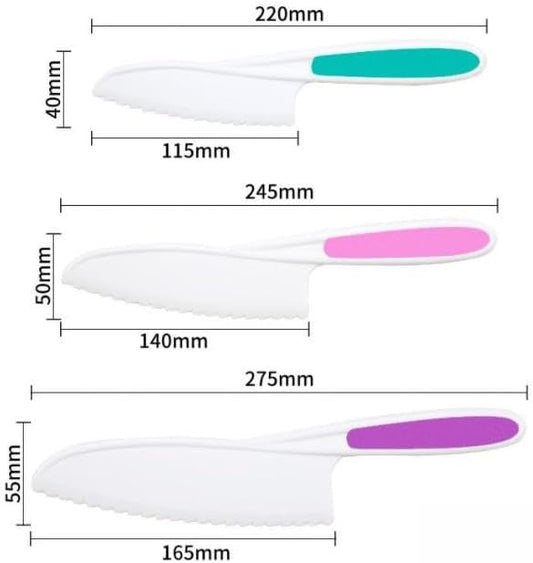 3 Pcs Kids Knife Set for Real Cooking, Kid Safe Knives for Cutting, Kids Cooking and Baking Set, Plastic Knives, Kitchen Set (Purple,Pink,Blue)