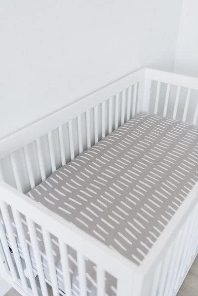 Grey Dash Muslin Crib Sheet by Mebie Baby, Soft and Breathable Bed Sheets for Babies, Modern Neutral Bedding for Cribs, Standard Crib Mattress Fitted Sheet, Great for Boy or Girl Room or Nursery