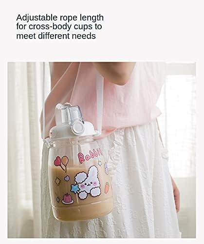 PEXIZUAN Kawaii water bottle big belly cup big water bottle cute travel cup strap straw cup(Handle pink,1300ML)