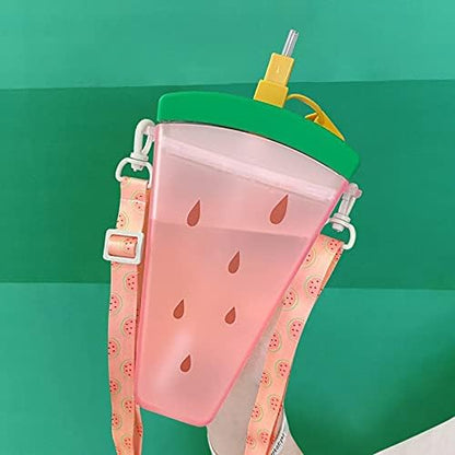 Travel Cup with Straw Birthday Party Gift Picnic Ice Water Bottle Travel Mug with Strap (Ice Cream Watermelon, 320 ml)
