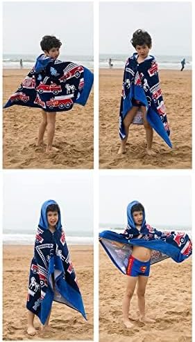 BANGSAUR Kids Hooded Beach Towels, 100% Cotton 50x30 inches Bath Pool Towel Wrap, Toddlers Boys 3-12 Years Coverup Fire Truck