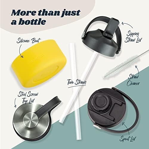 Revelist Sports Water Bottle - 32 Oz, 3 Lids (Straw Lid, Spout & Screw Top) with Boot, Vacuum Insulated Stainless Steel, Double Walled, Reusable Water Flask, Metal Canteen - Black & Yellow