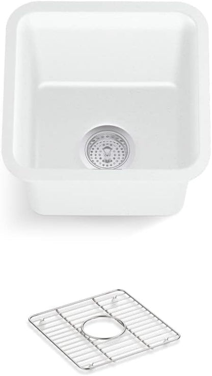 KOHLER K-8223-CM6 Cairn 15.5" Neoroc Composite Undermount Single-Bowl Bar Sink, Composite Bar Sink with Sink Rack, Matte White