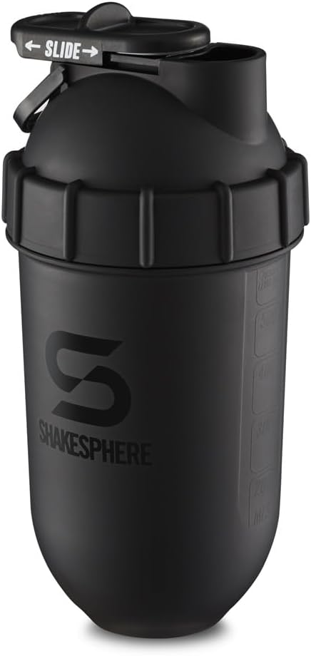 SHAKESPHERE Tumbler: Protein Shaker Bottle and Smoothie Cup, 24 oz - Bladeless Blender Cup Purees Raw Fruit with No Blending Ball - Drink Powder Mix Shake Mixer for Pre Workout, Gym (Matte Black)