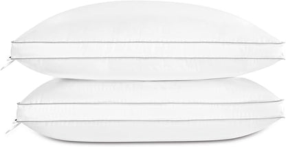 Globon Luxury Feather Down Pillow, Low Soft Fluffy Pillow Standard Queen Size, Gusseted Bed Pillows for Sleeping, Hotel Collection Pillows 18"X26", Set of 2