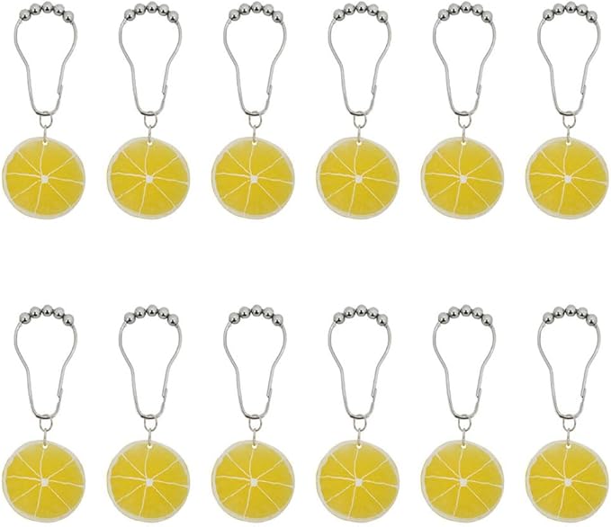 Yellow Lemon Shower Curtain Hooks for Bathroom, Rustproof Stainless Steel Decorative Shower Curtain Rings with Simulated Lemon Slice Pendant for Fruit Summer Theme Bathroom Decor (A)
