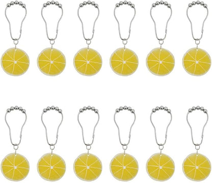 Yellow Lemon Shower Curtain Hooks for Bathroom, Rustproof Stainless Steel Decorative Shower Curtain Rings with Simulated Lemon Slice Pendant for Fruit Summer Theme Bathroom Decor (A)