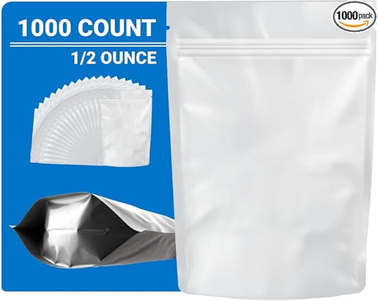 Mylar Bags Smell Proof 1/2 Ounce All White - 1000 Count 8" X 5" 6mill Thickness - Packaging Bags - Mylar Bags For Food Storage - Resealable Bags - Smell Proof Bags