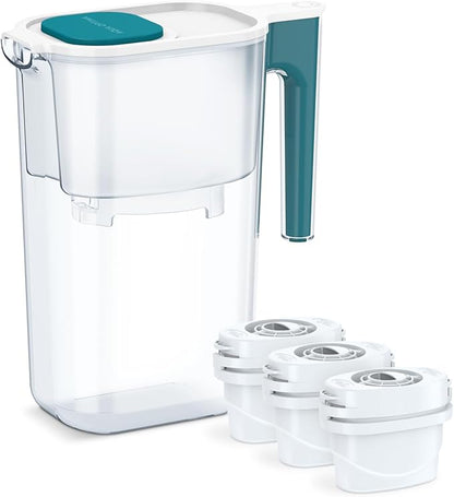 Perfect Pour Large 10 Cup Water Filter Pitcher by Aqua Optima, Reduces Microplastics, Ergonomic, Eliminates Splashes and Spills, BPA Free, NSF Certified, Includes 3 Evolve+ Water Filters, Blue