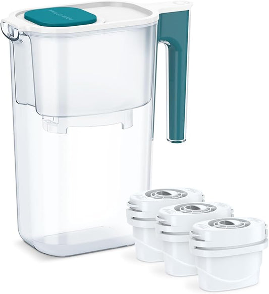 Perfect Pour Large 10 Cup Water Filter Pitcher by Aqua Optima, Reduces Microplastics, Ergonomic, Eliminates Splashes and Spills, BPA Free, NSF Certified, Includes 3 Evolve+ Water Filters, Blue