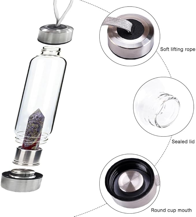 Crystal Glass Water Bottle,Water Bottle With Gemstone Center Crystal Elixir Bottle,Removable Gemstones Water Cup Crystal Column Magic Wand Energy Cup for Gifts (W-Dragonblood Stone)