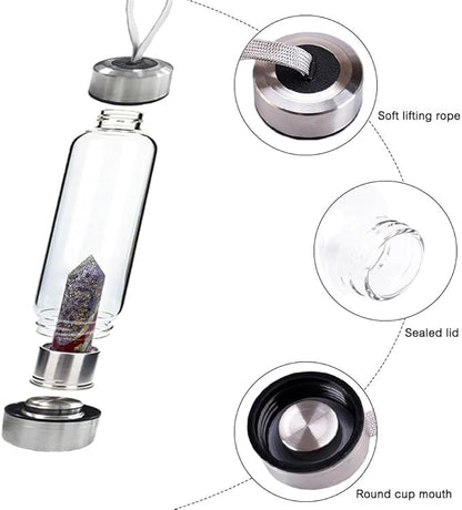 Crystal Glass Water Bottle,Water Bottle With Gemstone Center Crystal Elixir Bottle,Removable Gemstones Water Cup Crystal Column Magic Wand Energy Cup for Gifts (W-Dragonblood Stone)