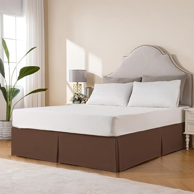 MIYE Pleated Waffle Weave Bed Skirt, Tailored Dust Ruffle 14 Inch Drop Easy Fit, Machine Washable (Brown, King - 14" Drop)