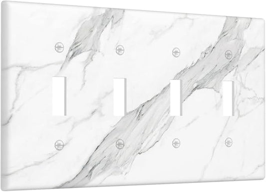 Marble Grey Wall Plate Decorative Light Switch Cover 4-Gang Quad Toggle Faceplate for Bathroom Farmhouse Kitchen Bedroom White