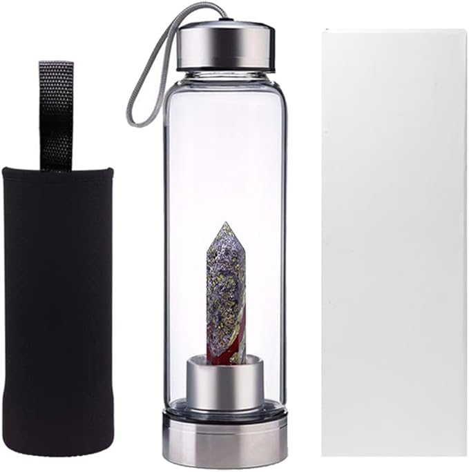 Crystal Glass Water Bottle,Water Bottle With Gemstone Center Crystal Elixir Bottle,Removable Gemstones Water Cup Crystal Column Magic Wand Energy Cup for Gifts (W-Dragonblood Stone)