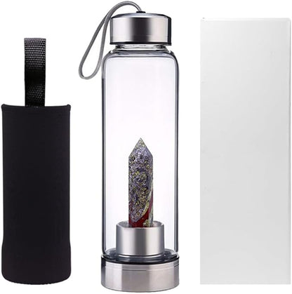 Crystal Glass Water Bottle,Water Bottle With Gemstone Center Crystal Elixir Bottle,Removable Gemstones Water Cup Crystal Column Magic Wand Energy Cup for Gifts (W-Dragonblood Stone)
