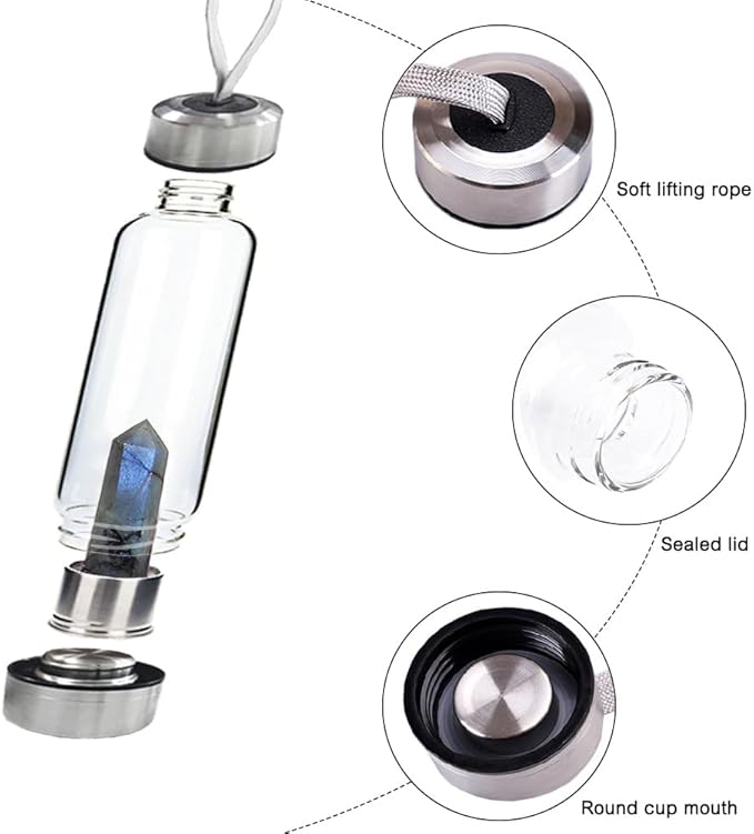 Crystal Glass Water Bottle,Water Bottle With Gemstone Center Crystal Elixir Bottle,Removable Gemstones Water Cup Crystal Column Magic Wand Energy Cup for Gifts (F-Elongated Stone)