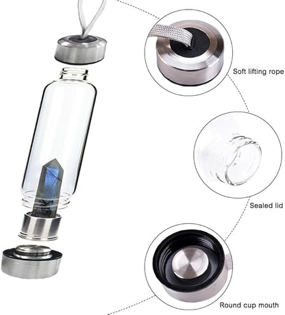 Crystal Glass Water Bottle,Water Bottle With Gemstone Center Crystal Elixir Bottle,Removable Gemstones Water Cup Crystal Column Magic Wand Energy Cup for Gifts (F-Elongated Stone)