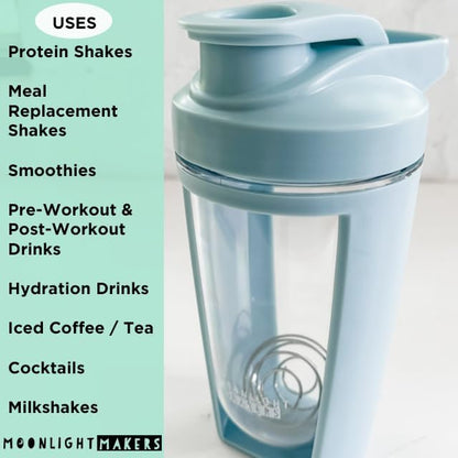 Moonlight Makers Set of 2 Cute 16oz Protein Shaker Bottles with Steel Whisk Ball, Leakproof Gym Bottle, Shaker Cups for Protein Shakes, Dishwasher Safe, Fitness Gifts, Preworkout Drink Mixer