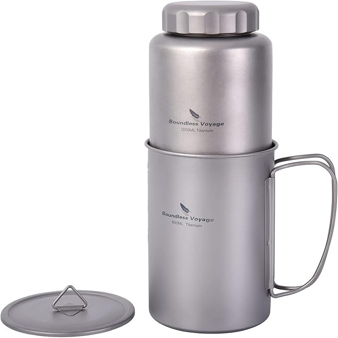 iBasingo 1050ml Titanium Bottle 600ml Nesting Cup Outdoor Camping Single Layer Wide Mouth Cookware Lightweight Portable Bottle Mug Hiking Picnic Solo Cooking Mess Kit