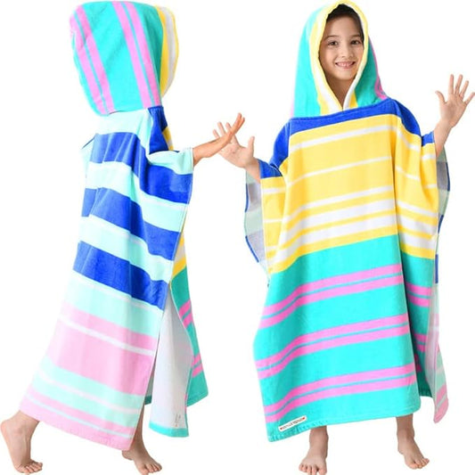 VOOVA & MOVAS Hooded Beach Towels for Kids, Oversized (6-12Years) Made from 100% Soft Cotton,Perfect for Swimming | Bathing | Beach | Birthday Gifts, Colorful Stripe