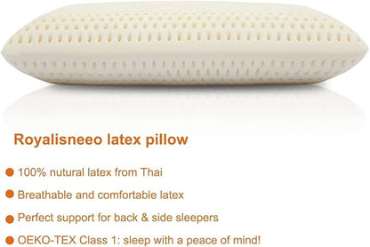 Royalisneeo 100% Talalay Natural Latex Pillow, Medium Support Bed Pillow Helps Relieve Pressure,Perfect Package Best Gift with Removable Cotton Cover for Back, Stomach and Side Sleepers