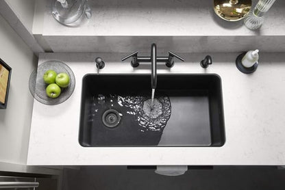 KOHLER K-8206-CM1 Cairn 33-1/2" Undermount Single-Bowl Kitchen Sink, Neoroc Composite Kitchen Sink with Sink Rack, Matte Black