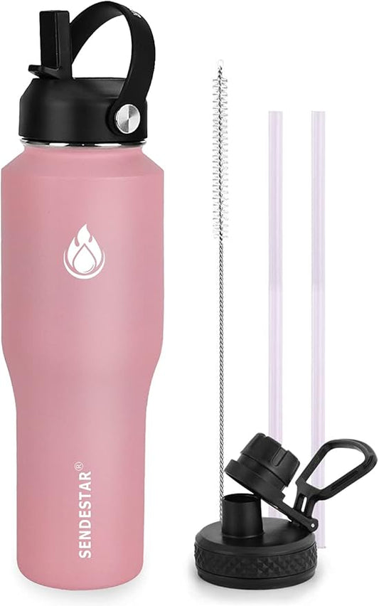 SENDESTAR Water Bottle 32oz,2 Lids(Straw lid),Wide Mouth Stainless Steel Vacuum Insulated Double Wall Keep Liquids Cold or Hot All Day,Sweat Proof Sport Design,Fit Car Cup Holder(Peach)