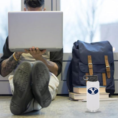 Game Day Outfitters BYU Cougars 32oz Stainless Steel Double Walled White Beverage Bottle with Flip Straw Spout– College Gear for Playoff Season– For Gym, Home or Auto – Show Your Brigham Youth Pride