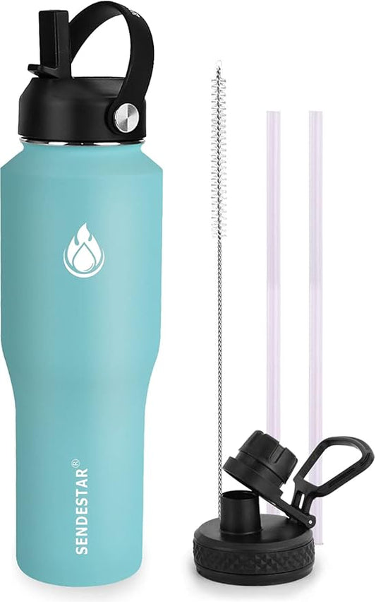 SENDESTAR Water Bottle 32oz,2 Lids(Straw lid),Wide Mouth Stainless Steel Vacuum Insulated Double Wall Keep Liquids Cold or Hot All Day,Sweat Proof Sport Design,Fit Car Cup Holder(Light Blue)