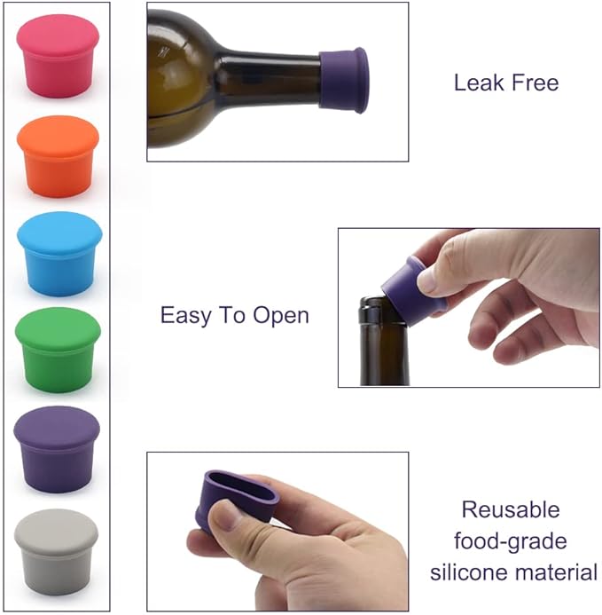 6 PCS Wine Stopper: Silicone Wine Stoppers for Wine Bottles, Reusable Wine Bottle Caps for Glass Bottles, Replaceable Wine Sealer for Keeping Wine/Champagne Fresh, Christmas Gift for Wine Lover
