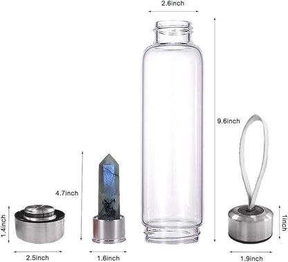 Crystal Glass Water Bottle,Water Bottle With Gemstone Center Crystal Elixir Bottle,Removable Gemstones Water Cup Crystal Column Magic Wand Energy Cup for Gifts (F-Elongated Stone)
