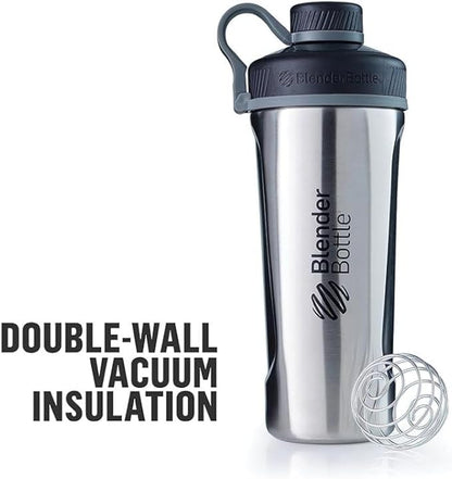 BlenderBottle Radian Shaker Cup Insulated Stainless Steel Water Bottle with Wire Whisk, 26-Ounce, Matte Arctic Blue