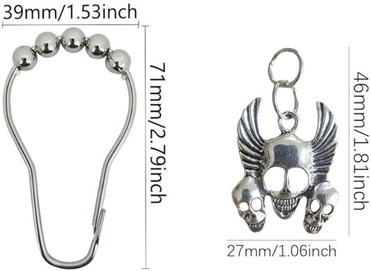 Gothic Shower Curtain Hooks Rings - Skull Decorative Shower Curtain Hooks - Rustproof Stainless Steel Shower Hooks with Halloween Gothic Bathroom Decor Set of 12