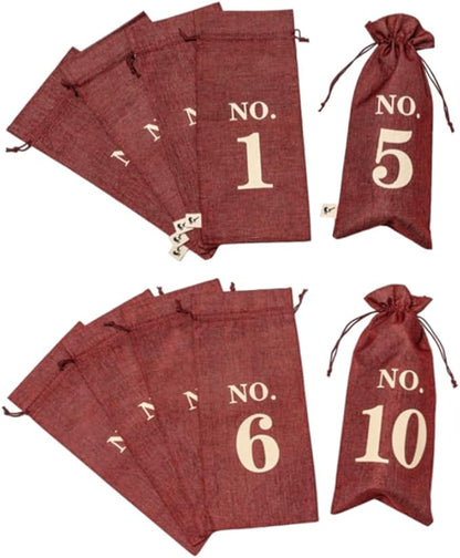Burgundy Blind Tasting Wine Bags Cover Pouch Kit Tasting Sleeve With Numbering 1to10 Mark Printed On It (10pcs) Hessian Cloth Glass Bottle Gift Bags for Christmas Wedding Party Decoration