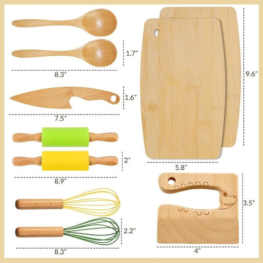 Wooden Kids Safe Knife and Kids Baking Set for Real Cooking, 10 PCS Toddler Montessori Kitchen Tools, Cooking and Baking for Kids Little Chefs Montessori Kitchen Tools for Toddlers-Kids Cooking Sets